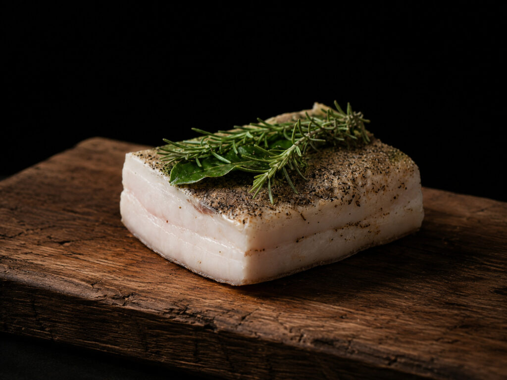 Azienda agricola Monteriggioni – lardo stagionato con rosmarino su tagliere